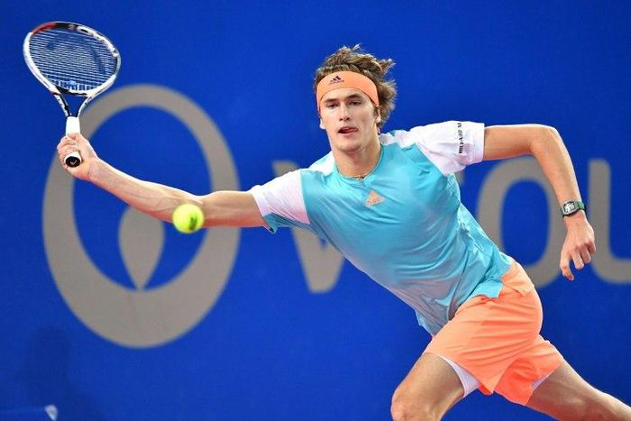 Alexander Zverev returns the ball to Richard Gasquet in Montpellier, southern France, on February 12, 2017