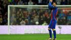 Barcelona's forward Lionel Messi celebrates after scoring a goal during the Spanish league football match against Osasuna April 26, 2017