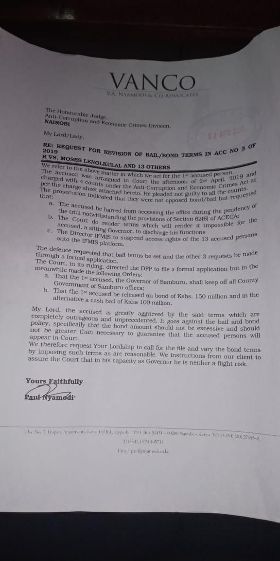The application by Samburu Governor Moses Lenolkulal seeking review to his bail terms