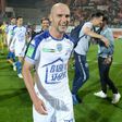 Troyes' midfielder Benjamin Nivet celebrates at the end of the play-off match against Lorient on May 28, 2017