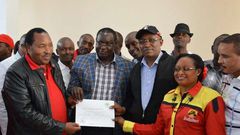 File image of Ferdinand Waititu (left) with United for Kiambu members John Mugwe James Nyoro Waititu's running mate Rev David Ngari Gakuyo and Acquiline Njoki