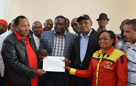 File image of Ferdinand Waititu (left) with United for Kiambu members John Mugwe James Nyoro Waititu's running mate Rev David Ngari Gakuyo and Acquiline Njoki