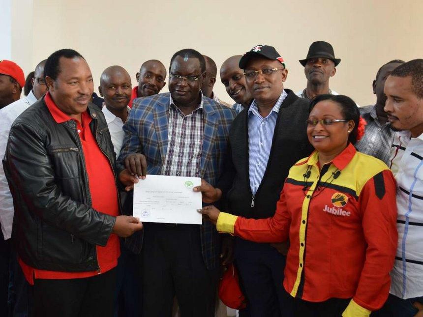 File image of Ferdinand Waititu (left) with United for Kiambu members John Mugwe James Nyoro Waititu's running mate Rev David Ngari Gakuyo and Acquiline Njoki