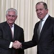 Russian Foreign Minister Sergei Lavrov (R) shakes hands with US Secretary of State Rex Tillerson after a press conference in Moscow on April 12, 2017