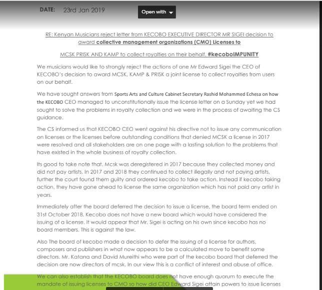 Musicians statement on KECOBO