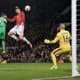 Manchester United's Zlatan Ibrahimovic (C) heads the ball to score but is ruled offside during their UEFA Europa League round of 32 first-leg match against Saint-Etienne, at Old Trafford stadium in Manchester, on February 16, 2017