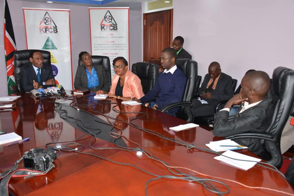 KFCB CEO Ezekiel Mutua addressing the press from Uchumi House (Twitter)