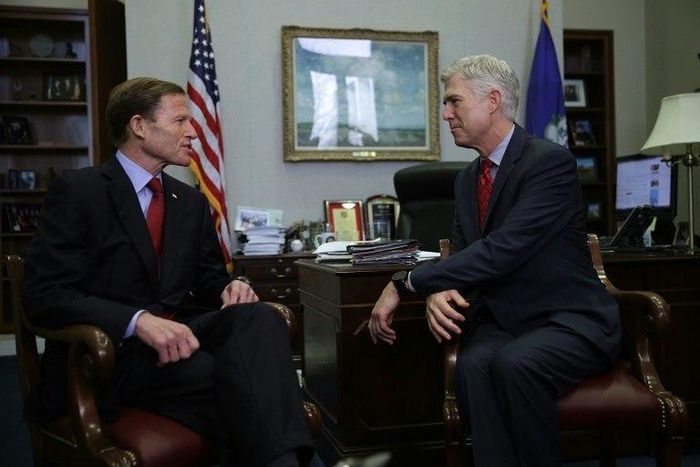 US Supreme Court nominee Judge Neil Gorsuch (R) meets with Senator Richard Blumenthal on February 8, 2017