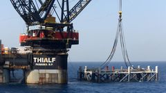 A crane vessel puts in place the platform jacket for the Leviathan natural gas field in the Mediterranean Sea, some 125 kilometres off the coast of Israel