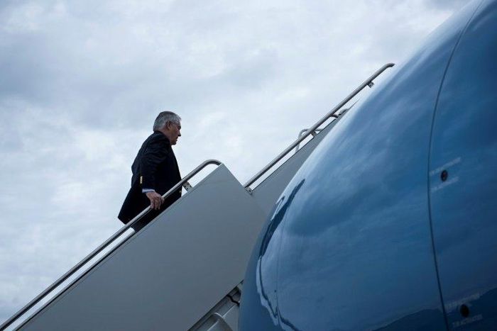 US Secretary of State Rex Tillerson boards his plane for a trip to Germany on February 15, 2017