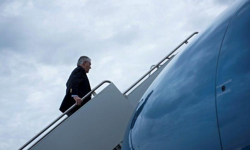 US Secretary of State Rex Tillerson boards his plane for a trip to Germany on February 15, 2017