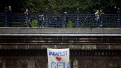 A banner hangs over the Budapest tunnel, as Students and teachers of the Central European University protest in Budapest in April 2017