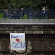 A banner hangs over the Budapest tunnel, as Students and teachers of the Central European University protest in Budapest in April 2017