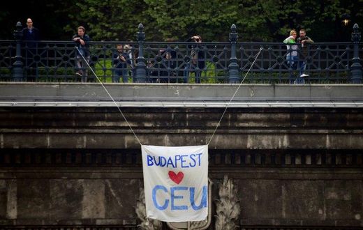 A banner hangs over the Budapest tunnel, as Students and teachers of the Central European University protest in Budapest in April 2017