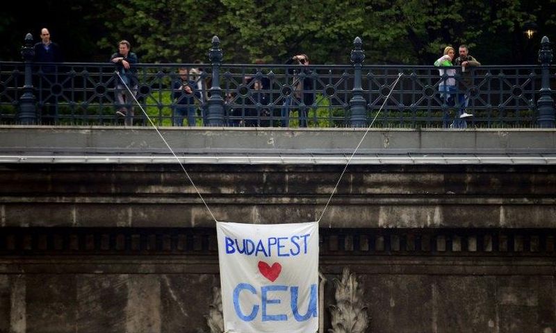 A banner hangs over the Budapest tunnel, as Students and teachers of the Central European University protest in Budapest in April 2017
