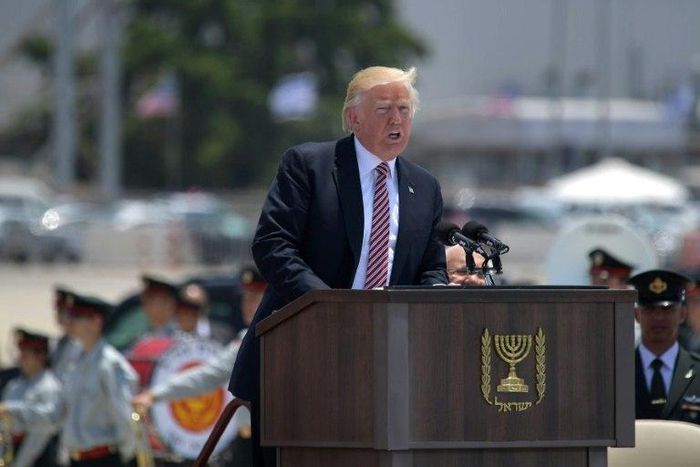 US President Donald Trump speaks during a welcome ceremony upon his arrival at Ben Gurion International Airport in Tel Aviv on May 22, 2017, as part of his first trip overseas