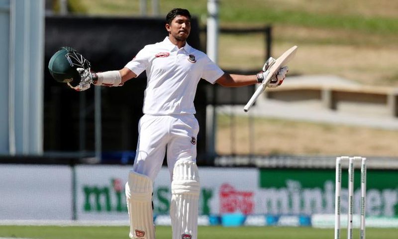 Soumya Sarkar of Bangladesh celebrates a century during day four of the first cricket Test match between New Zealand and Bangladesh at Seddon Park in Hamilton