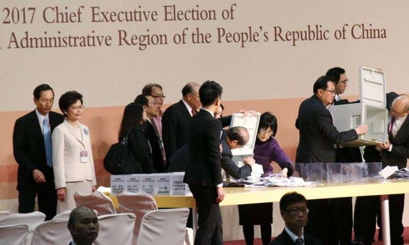 Ballots for Hong Kong's chief executive election being sorted in Wan Chai on Sunday