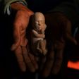 An Indian activist holds a model of a foetus during a protest against abortion in New Delhi