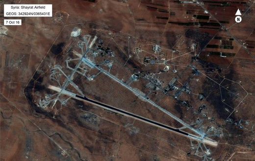 Image released by the US Department of Defense shows the Shayrat airfield in Syria, hit by 59 US Tomahawk cruise missiles on the orders of President Donald Trump