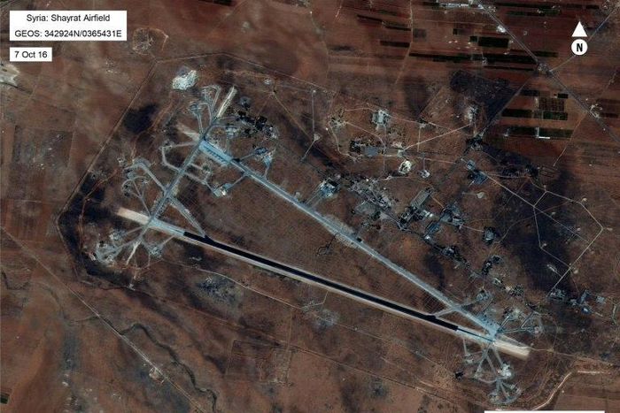 Image released by the US Department of Defense shows the Shayrat airfield in Syria, hit by 59 US Tomahawk cruise missiles on the orders of President Donald Trump