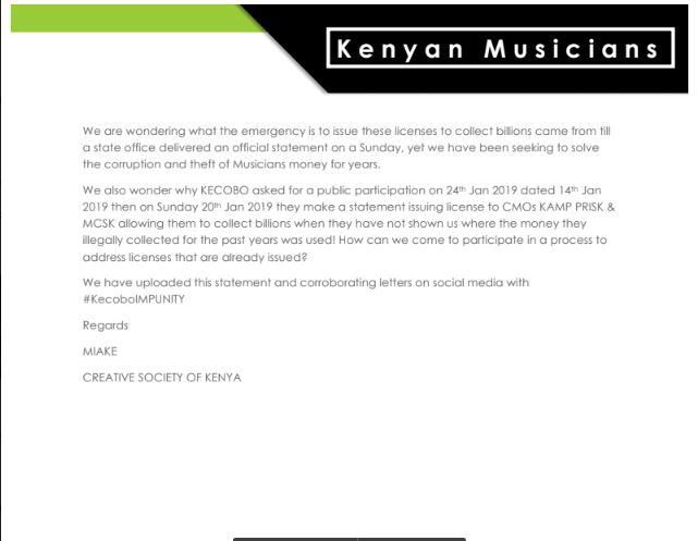 Musicians statement on KECOBO