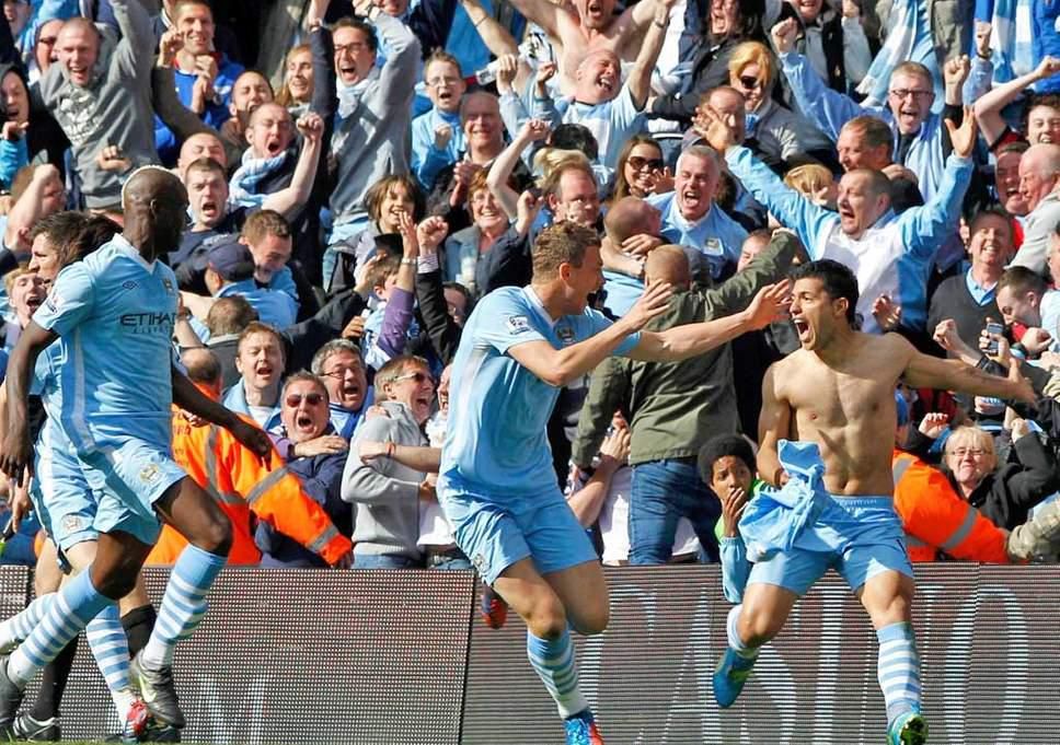 Sergio Aguero during his celebration after scoring a stoppage time winner to help Man city win the league in 2012