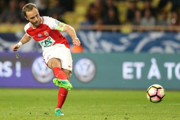 Monaco's forward Valere Germain kicks the ball during the French Cup football match between Monaco vs Lille at the "Louis II" stadium, in Monaco, on April 4, 2017