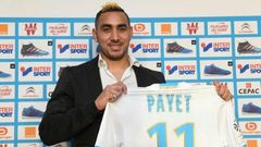Dimitri Payet poses with his Marseille jersey during a press conference at the Robert-Louis Dreyfus Stadium in southern France, on January 30, 2017