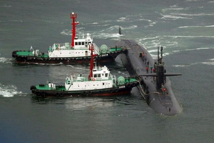 The nuclear-powered submarine USS Michigan approaches the southeastern port city of Busan on April 25, 2017