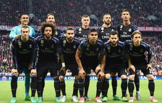 Real Madrid poses for a group photo before a Champions League match on April 12, 2017