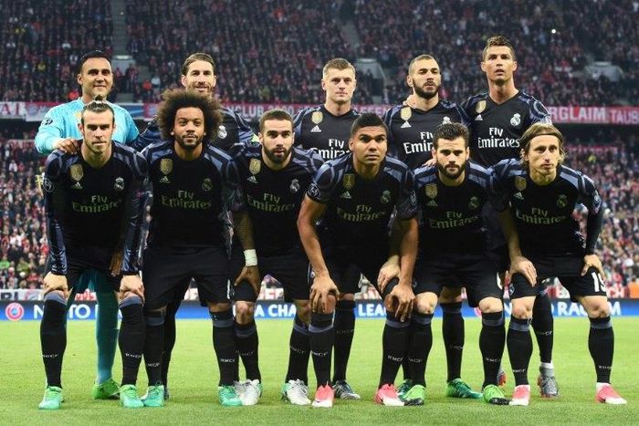 Real Madrid poses for a group photo before a Champions League match on April 12, 2017