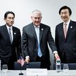 Japan's Foreign Minister Fumio Kishida (L), US Secretary of State Rex Tillerson (C) and South Korean Foreign Minister Yun Byung-Se (R) take their seats before a meeting at the World Conference Center February 16, 2017 in Bonn, Germany