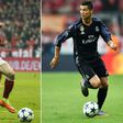 Bayern Munich's Robert Lewandowski (L) running with the ball during the UEFA Champions League match against Arsenal, on February 15, 2017 and Real Madrid's Cristiano Ronaldo controlling the ball during the UEFA Champions League match against Bayern Mun...