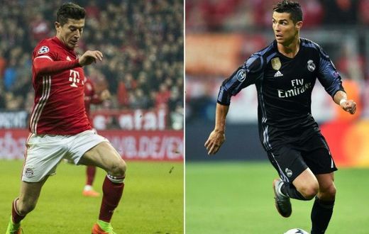Bayern Munich's Robert Lewandowski (L) running with the ball during the UEFA Champions League match against Arsenal, on February 15, 2017 and Real Madrid's Cristiano Ronaldo controlling the ball during the UEFA Champions League match against Bayern Mun...