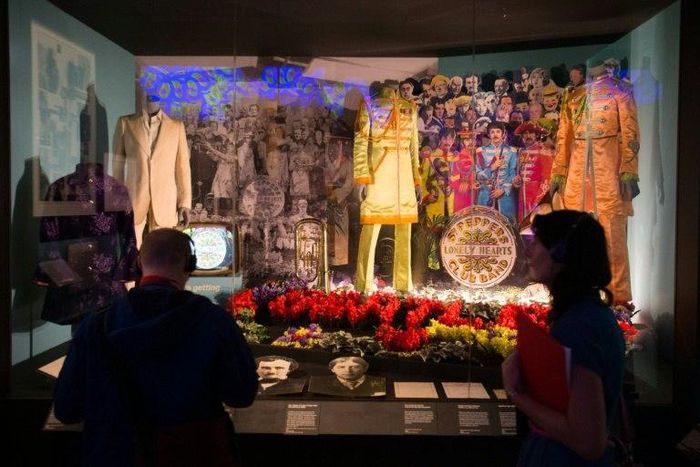 Original and replica costumes from The Beatles used on the album cover of Sgt. Pepper's Lonely Hearts Club Band are displayed at the V&A museum in London