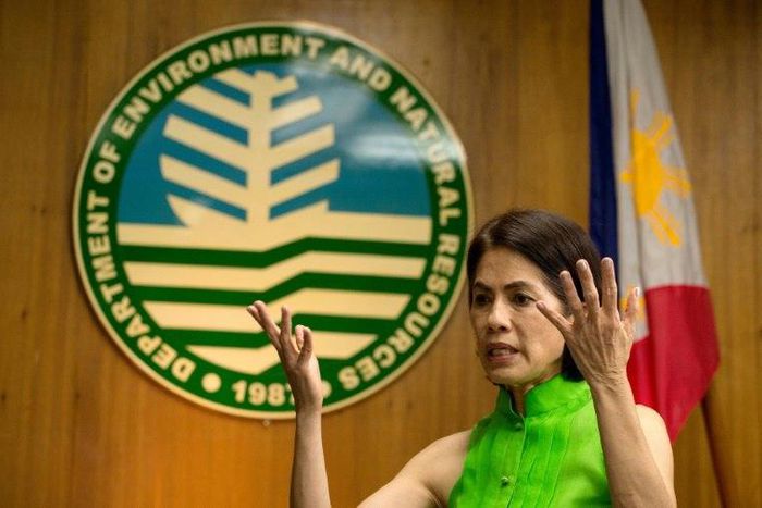 Philippine Environment Secretary Regina Lopez, who was sacked on May 3, 2017, gestures during an interview on February 22, 2017