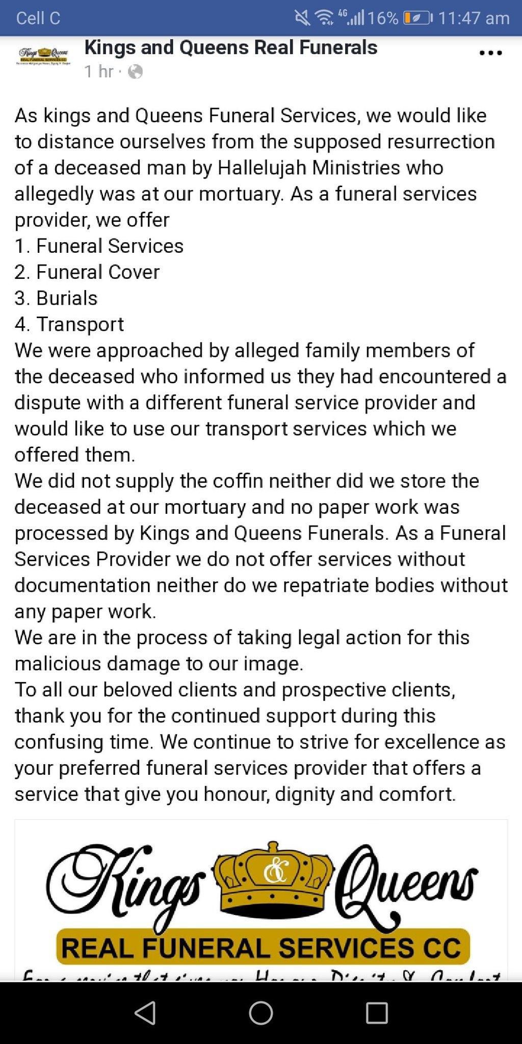 Kings and Queens Funeral home statement on Pastor Lukau's 'resurrection' miracle