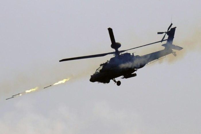 A US-made AH-64E Apache helicopter launches rockets during a live-fire drill in southern Pingtung in August 2016