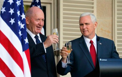 US Vice President Mike Pence (R) and Australia's Governor General Peter Cosgrove toast each other during a lunch reception in Sydney