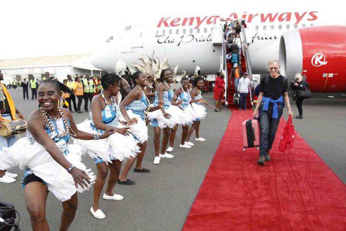 Traditional dancers entertain travellers at the Jomo Kenyatta International Airport upon arrival aboard a Kenya Airways aircraft from New York in 2018.