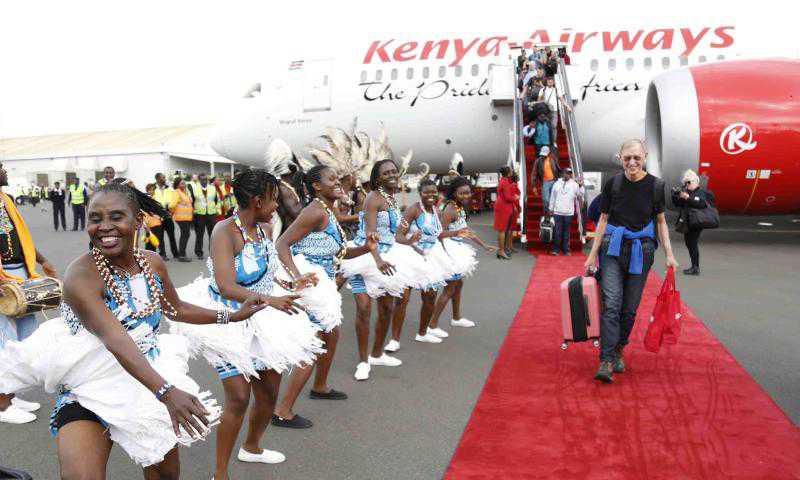 Traditional dancers entertain travellers at the Jomo Kenyatta International Airport upon arrival aboard a Kenya Airways aircraft from New York in 2018.