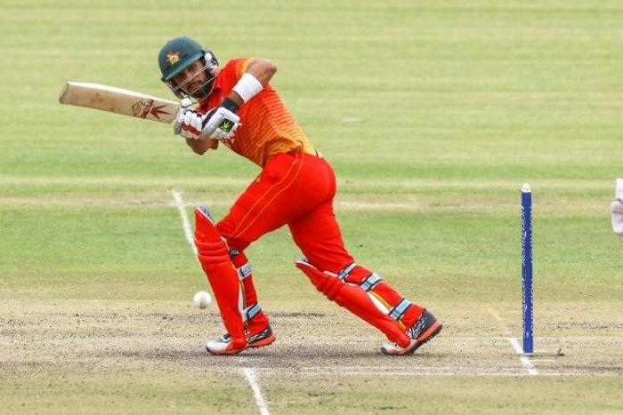 Zimbabwe batsman Sikanda Raza (left) in action against the West Indies during a one-day international in Bulawayo, on November 26, 2016