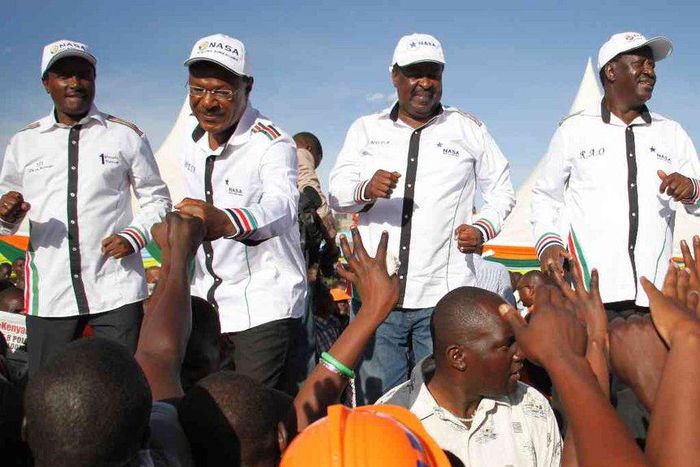NASA Coalition principals Kalonzo Musyoka, Moses Wetangula, Musalia Mudavadi and Raila Odinga during their rally at the Masinde Muliro Grounds in Huruma on March 24, 2017.