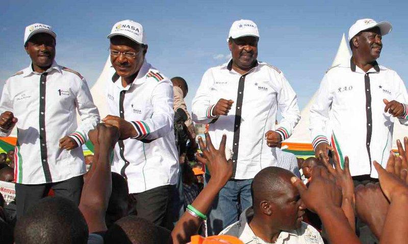 NASA Coalition principals Kalonzo Musyoka, Moses Wetangula, Musalia Mudavadi and Raila Odinga during their rally at the Masinde Muliro Grounds in Huruma on March 24, 2017.