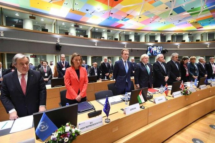 UN Secretary General Antonio Guterres (L) and EU foreign policy chief Federica Mogherini (2nd L) and international representatives are seen while attending an EU-Syria conference on supporting the future of the region in Brussels April 5, 2017
