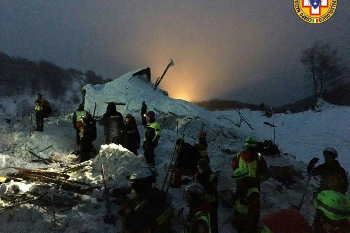 A picture released by Italy's CNSAS rescue agency shows teams working at the avalanche-hit Hotel Rigopiano
