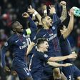 From L: Paris Saint-Germain's midfielder Blaise Matuidi, defenders Thomas Meunier and Layvin Kurzawa and forward Edinson Cavani celebrate on February 14, 2017