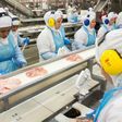 People work at a production line of the JBS-Friboi chicken processing plant during an inspection visit from Brazilian Agriculture Minister Blairo Maggi and technicians of the ministry in Lapa, Parana State, Brazil on March 21, 2017