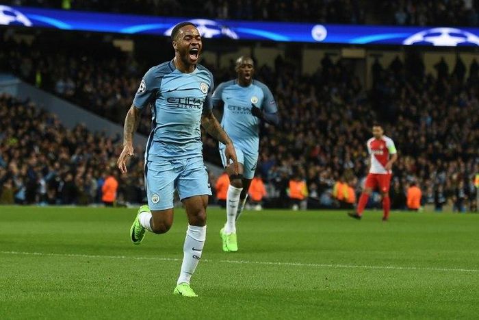 Manchester City's midfielder Raheem Sterling celebrates scoring the opening goal during the Champions League football match against Monaco February 21, 2017